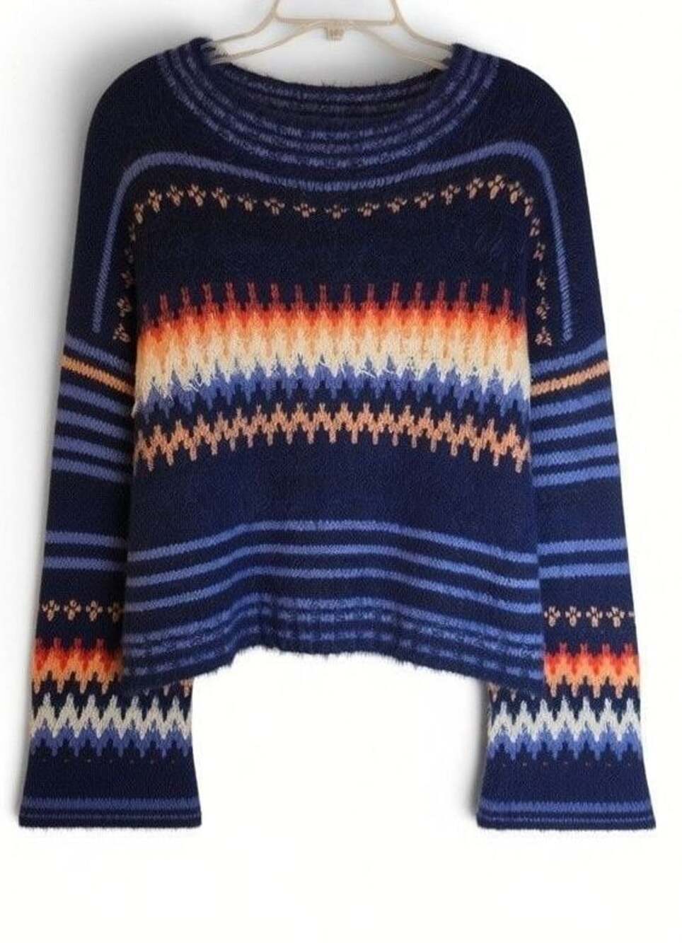 Free People Blue Orange Fair Isle Pullover Fuzzy Sweater Size S